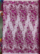 3D Floral Big Glitter Damask Design Mesh Lace Fabric - Black, Blush Pink, Burgundy, Champagne/Gold, Dusty Rose, Fuchsia, Gold, Gold/Black, Hunter Green, Light Blue, Lilac, Navy Blue, Red, Royal Blue, 54" Width (1 Yard)