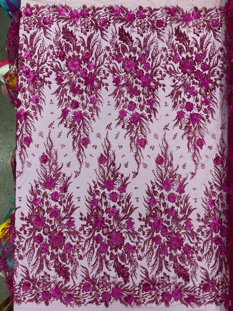 3D Floral Big Glitter Damask Design Mesh Lace Fabric - Black, Blush Pink, Burgundy, Champagne/Gold, Dusty Rose, Fuchsia, Gold, Gold/Black, Hunter Green, Light Blue, Lilac, Navy Blue, Red, Royal Blue, 54" Width (1 Yard)