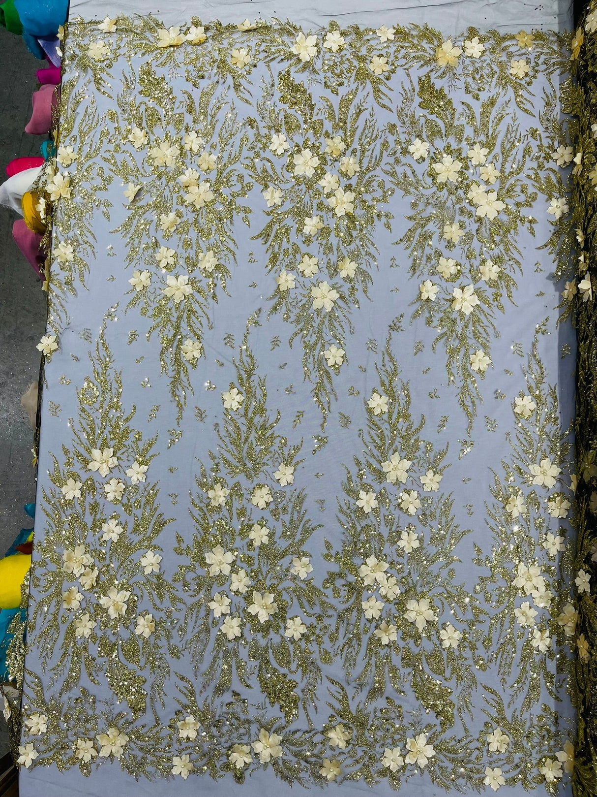3D Floral Big Glitter Damask Design Mesh Lace Fabric - Black, Blush Pink, Burgundy, Champagne/Gold, Dusty Rose, Fuchsia, Gold, Gold/Black, Hunter Green, Light Blue, Lilac, Navy Blue, Red, Royal Blue, 54" Width (1 Yard)