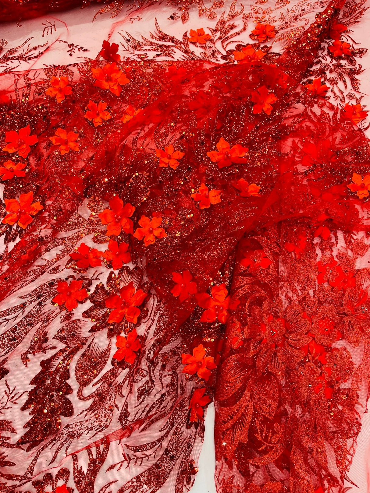 3D Floral Big Glitter Damask Design Mesh Lace Fabric - Black, Blush Pink, Burgundy, Champagne/Gold, Dusty Rose, Fuchsia, Gold, Gold/Black, Hunter Green, Light Blue, Lilac, Navy Blue, Red, Royal Blue, 54" Width (1 Yard)