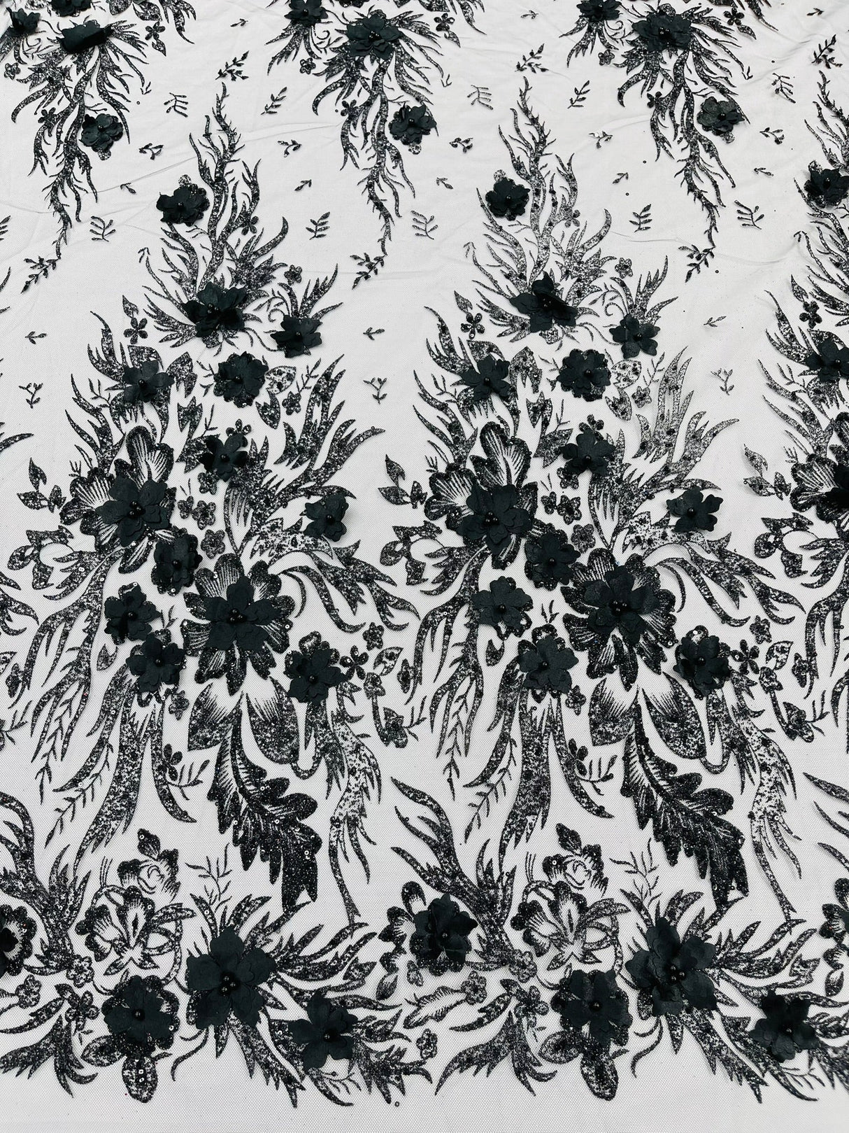 3D Floral Big Glitter Damask Design Mesh Lace Fabric - Black, Blush Pink, Burgundy, Champagne/Gold, Dusty Rose, Fuchsia, Gold, Gold/Black, Hunter Green, Light Blue, Lilac, Navy Blue, Red, Royal Blue, 54" Width (1 Yard)