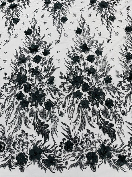 3D Floral Big Glitter Damask Design Mesh Lace Fabric - Black, Blush Pink, Burgundy, Champagne/Gold, Dusty Rose, Fuchsia, Gold, Gold/Black, Hunter Green, Light Blue, Lilac, Navy Blue, Red, Royal Blue, 54" Width (1 Yard)