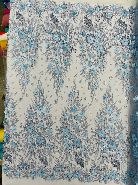 3D Floral Big Glitter Damask Design Mesh Lace Fabric - Black, Blush Pink, Burgundy, Champagne/Gold, Dusty Rose, Fuchsia, Gold, Gold/Black, Hunter Green, Light Blue, Lilac, Navy Blue, Red, Royal Blue, 54" Width (1 Yard)