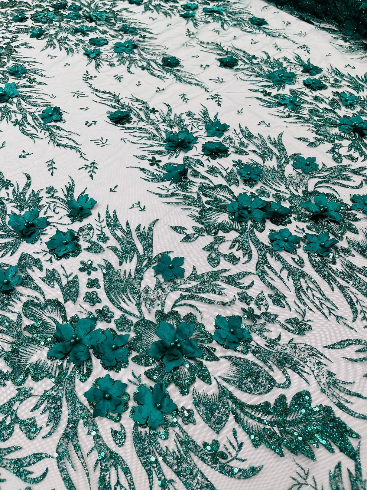 3D Floral Big Glitter Damask Design Mesh Lace Fabric - Black, Blush Pink, Burgundy, Champagne/Gold, Dusty Rose, Fuchsia, Gold, Gold/Black, Hunter Green, Light Blue, Lilac, Navy Blue, Red, Royal Blue, 54" Width (1 Yard)