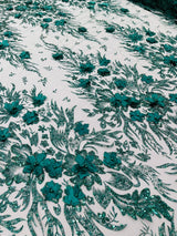 3D Floral Big Glitter Damask Design Mesh Lace Fabric - Black, Blush Pink, Burgundy, Champagne/Gold, Dusty Rose, Fuchsia, Gold, Gold/Black, Hunter Green, Light Blue, Lilac, Navy Blue, Red, Royal Blue, 54" Width (1 Yard)