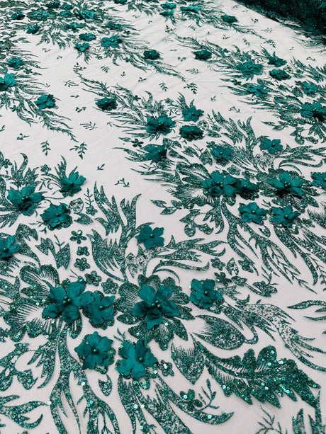 3D Floral Big Glitter Damask Design Mesh Lace Fabric - Black, Blush Pink, Burgundy, Champagne/Gold, Dusty Rose, Fuchsia, Gold, Gold/Black, Hunter Green, Light Blue, Lilac, Navy Blue, Red, Royal Blue, 54" Width (1 Yard)