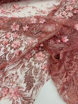 3D Floral Big Glitter Damask Design Mesh Lace Fabric - Black, Blush Pink, Burgundy, Champagne/Gold, Dusty Rose, Fuchsia, Gold, Gold/Black, Hunter Green, Light Blue, Lilac, Navy Blue, Red, Royal Blue, 54" Width (1 Yard)