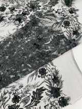3D Floral Big Glitter Damask Design Mesh Lace Fabric - Black, Blush Pink, Burgundy, Champagne/Gold, Dusty Rose, Fuchsia, Gold, Gold/Black, Hunter Green, Light Blue, Lilac, Navy Blue, Red, Royal Blue, 54" Width (1 Yard)
