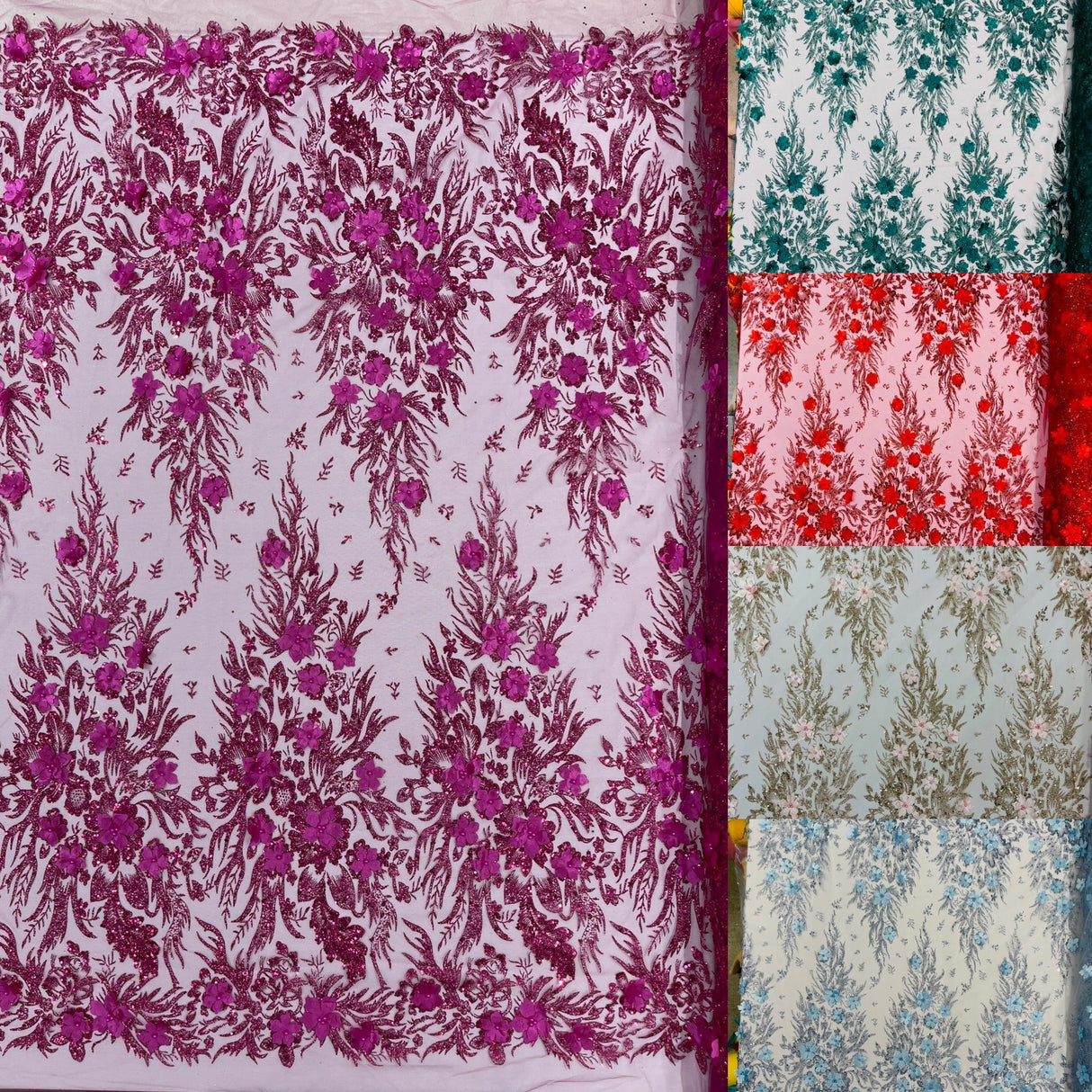 3D Floral Big Glitter Damask Design Mesh Lace Fabric - Black, Blush Pink, Burgundy, Champagne/Gold, Dusty Rose, Fuchsia, Gold, Gold/Black, Hunter Green, Light Blue, Lilac, Navy Blue, Red, Royal Blue, 54" Width (1 Yard)