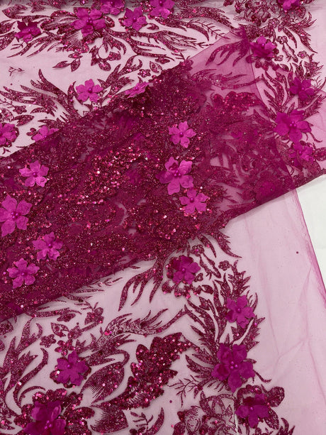 3D Floral Big Glitter Damask Design Mesh Lace Fabric - Black, Blush Pink, Burgundy, Champagne/Gold, Dusty Rose, Fuchsia, Gold, Gold/Black, Hunter Green, Light Blue, Lilac, Navy Blue, Red, Royal Blue, 54" Width (1 Yard)