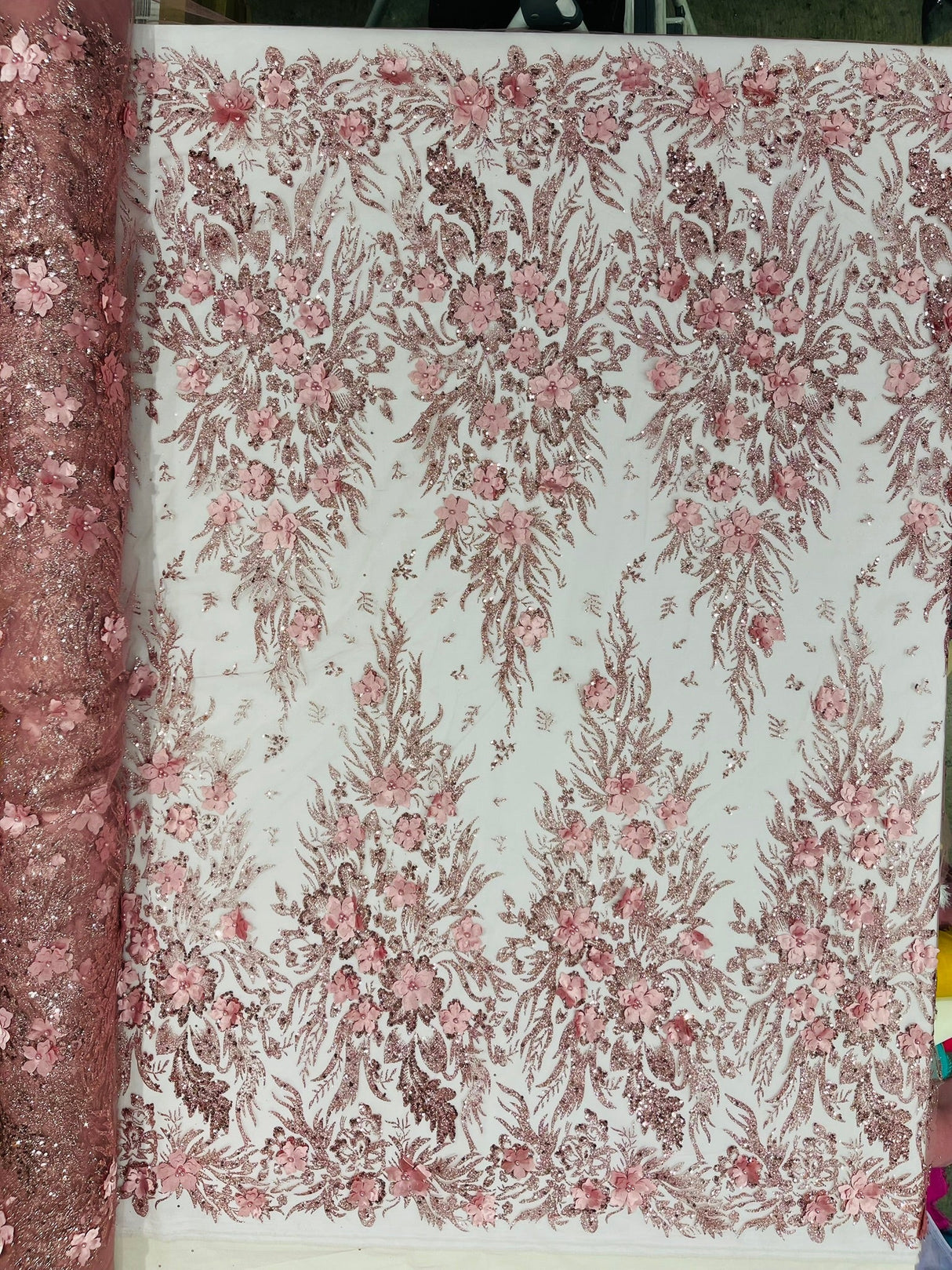 3D Floral Big Glitter Damask Design Mesh Lace Fabric - Black, Blush Pink, Burgundy, Champagne/Gold, Dusty Rose, Fuchsia, Gold, Gold/Black, Hunter Green, Light Blue, Lilac, Navy Blue, Red, Royal Blue, 54" Width (1 Yard)