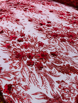 3D Floral Big Glitter Damask Design Mesh Lace Fabric - Black, Blush Pink, Burgundy, Champagne/Gold, Dusty Rose, Fuchsia, Gold, Gold/Black, Hunter Green, Light Blue, Lilac, Navy Blue, Red, Royal Blue, 54" Width (1 Yard)