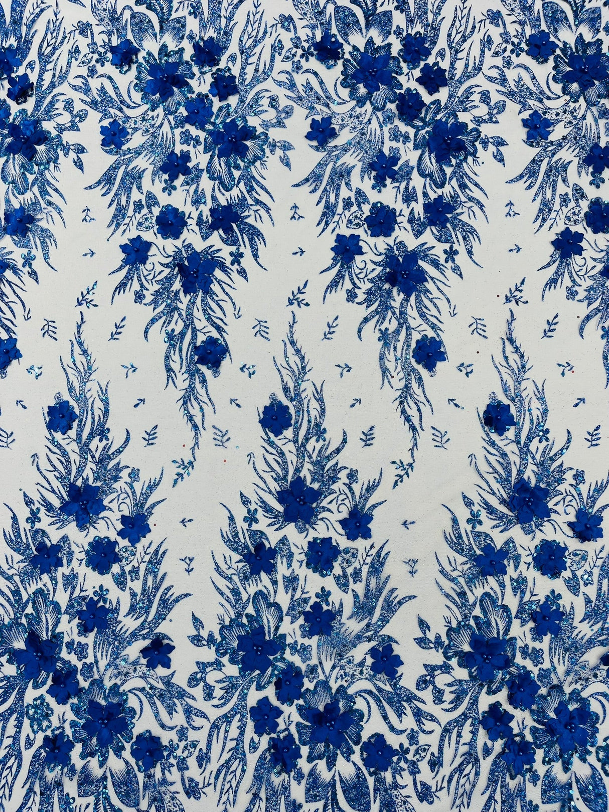 3D Floral Big Glitter Damask Design Mesh Lace Fabric - Black, Blush Pink, Burgundy, Champagne/Gold, Dusty Rose, Fuchsia, Gold, Gold/Black, Hunter Green, Light Blue, Lilac, Navy Blue, Red, Royal Blue, 54" Width (1 Yard)