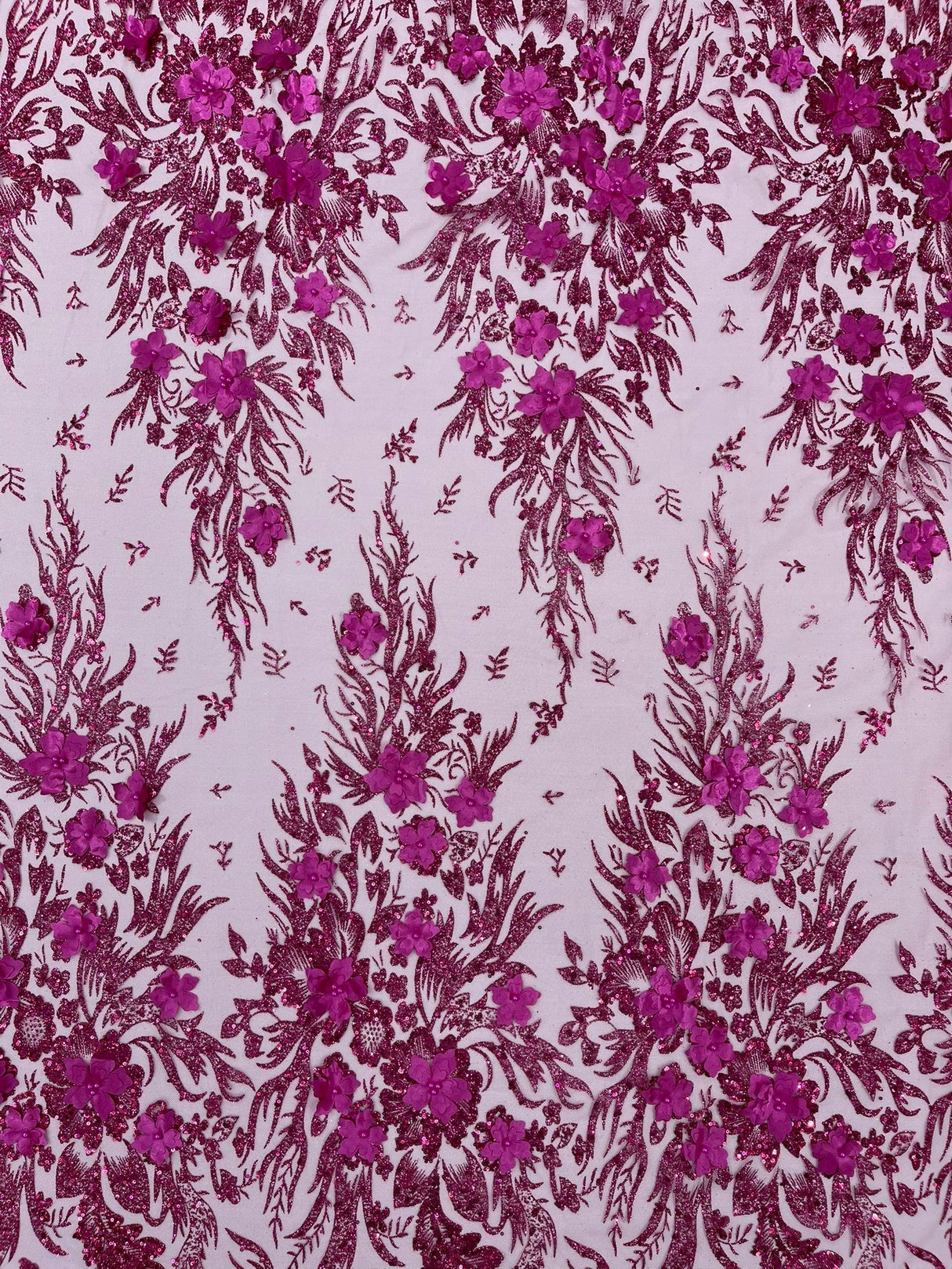 3D Floral Big Glitter Damask Design Mesh Lace Fabric - Black, Blush Pink, Burgundy, Champagne/Gold, Dusty Rose, Fuchsia, Gold, Gold/Black, Hunter Green, Light Blue, Lilac, Navy Blue, Red, Royal Blue, 54" Width (1 Yard)
