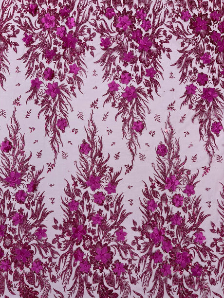 3D Floral Big Glitter Damask Design Mesh Lace Fabric - Black, Blush Pink, Burgundy, Champagne/Gold, Dusty Rose, Fuchsia, Gold, Gold/Black, Hunter Green, Light Blue, Lilac, Navy Blue, Red, Royal Blue, 54" Width (1 Yard)
