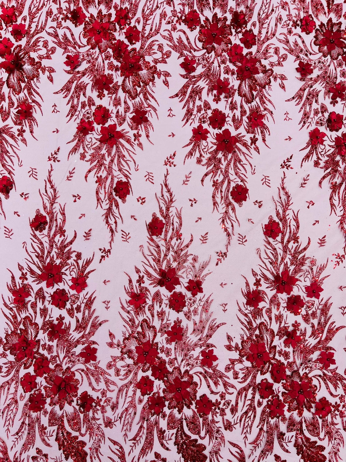 3D Floral Big Glitter Damask Design Mesh Lace Fabric - Black, Blush Pink, Burgundy, Champagne/Gold, Dusty Rose, Fuchsia, Gold, Gold/Black, Hunter Green, Light Blue, Lilac, Navy Blue, Red, Royal Blue, 54" Width (1 Yard)