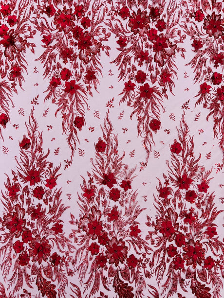 3D Floral Big Glitter Damask Design Mesh Lace Fabric - Black, Blush Pink, Burgundy, Champagne/Gold, Dusty Rose, Fuchsia, Gold, Gold/Black, Hunter Green, Light Blue, Lilac, Navy Blue, Red, Royal Blue, 54" Width (1 Yard)