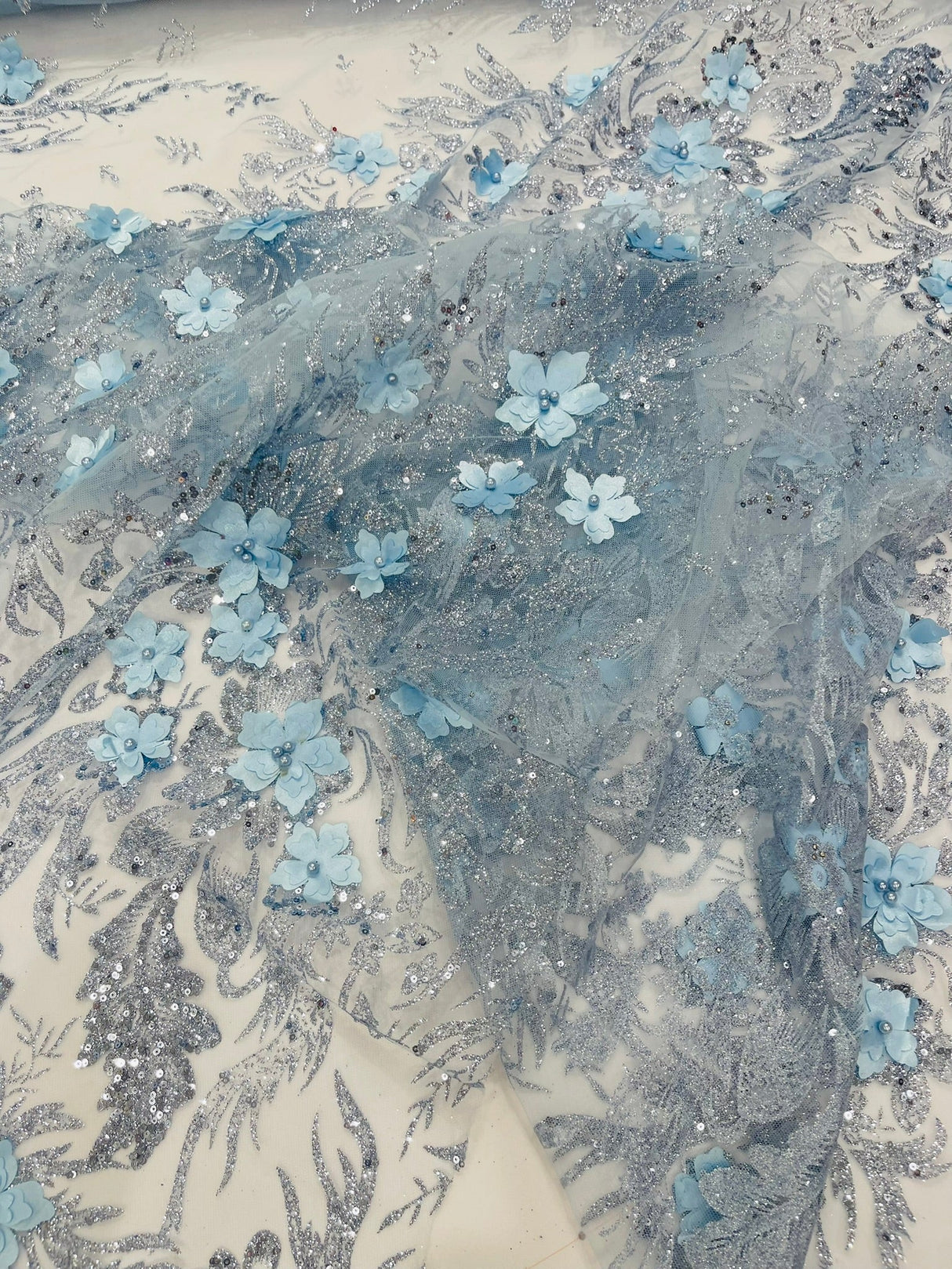 3D Floral Big Glitter Damask Design Mesh Lace Fabric - Black, Blush Pink, Burgundy, Champagne/Gold, Dusty Rose, Fuchsia, Gold, Gold/Black, Hunter Green, Light Blue, Lilac, Navy Blue, Red, Royal Blue, 54" Width (1 Yard)