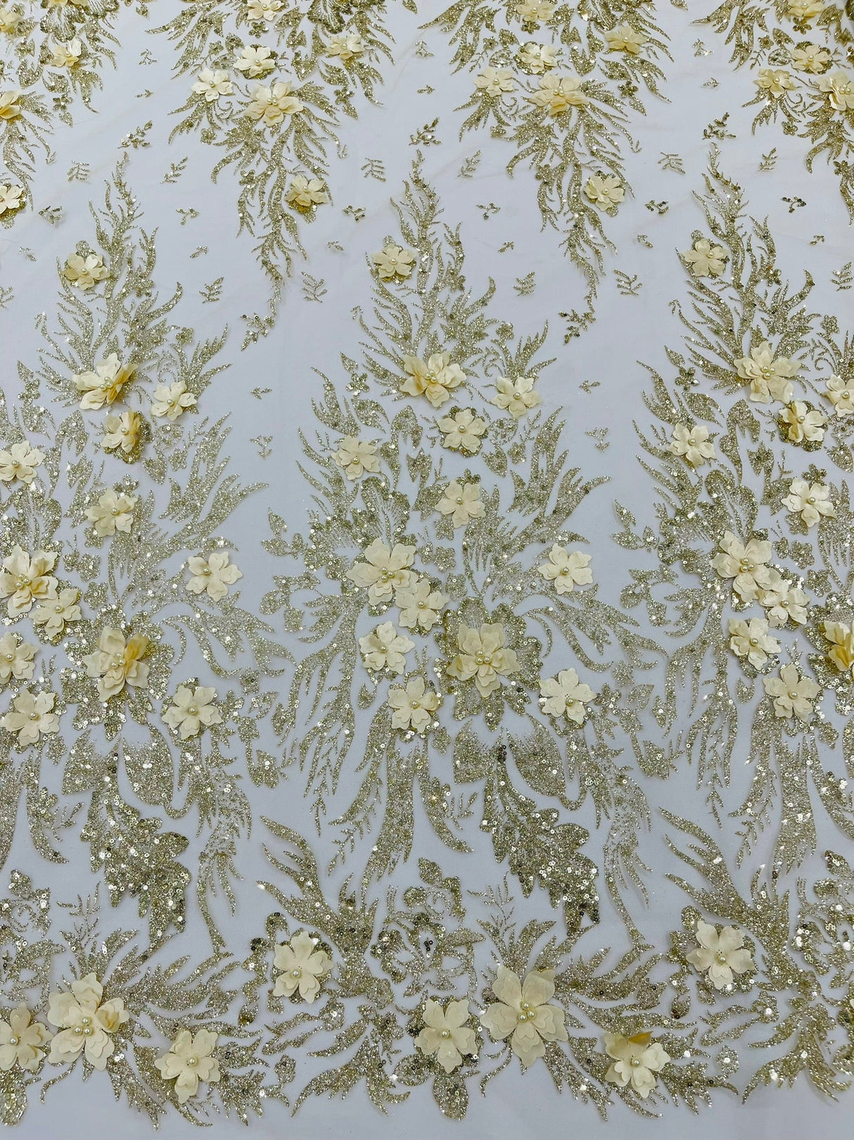 3D Floral Big Glitter Damask Design Mesh Lace Fabric - Black, Blush Pink, Burgundy, Champagne/Gold, Dusty Rose, Fuchsia, Gold, Gold/Black, Hunter Green, Light Blue, Lilac, Navy Blue, Red, Royal Blue, 54" Width (1 Yard)