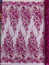 3D Floral Big Glitter Damask Design Mesh Lace Fabric - Black, Blush Pink, Burgundy, Champagne/Gold, Dusty Rose, Fuchsia, Gold, Gold/Black, Hunter Green, Light Blue, Lilac, Navy Blue, Red, Royal Blue, 54" Width (1 Yard)
