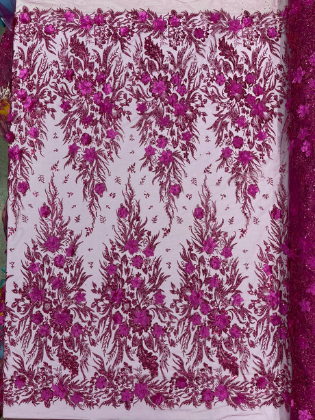 3D Floral Big Glitter Damask Design Mesh Lace Fabric - Black, Blush Pink, Burgundy, Champagne/Gold, Dusty Rose, Fuchsia, Gold, Gold/Black, Hunter Green, Light Blue, Lilac, Navy Blue, Red, Royal Blue, 54" Width (1 Yard)