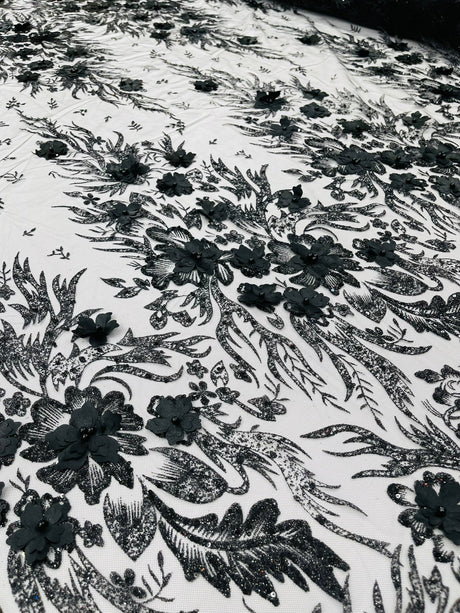 3D Floral Big Glitter Damask Design Mesh Lace Fabric - Black, Blush Pink, Burgundy, Champagne/Gold, Dusty Rose, Fuchsia, Gold, Gold/Black, Hunter Green, Light Blue, Lilac, Navy Blue, Red, Royal Blue, 54" Width (1 Yard)