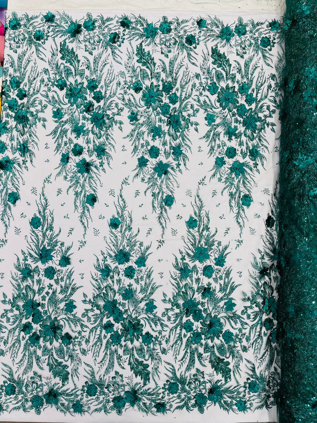3D Floral Big Glitter Damask Design Mesh Lace Fabric - Black, Blush Pink, Burgundy, Champagne/Gold, Dusty Rose, Fuchsia, Gold, Gold/Black, Hunter Green, Light Blue, Lilac, Navy Blue, Red, Royal Blue, 54" Width (1 Yard)