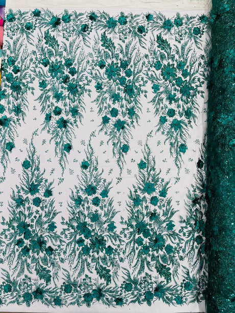3D Floral Big Glitter Damask Design Mesh Lace Fabric - Black, Blush Pink, Burgundy, Champagne/Gold, Dusty Rose, Fuchsia, Gold, Gold/Black, Hunter Green, Light Blue, Lilac, Navy Blue, Red, Royal Blue, 54" Width (1 Yard)