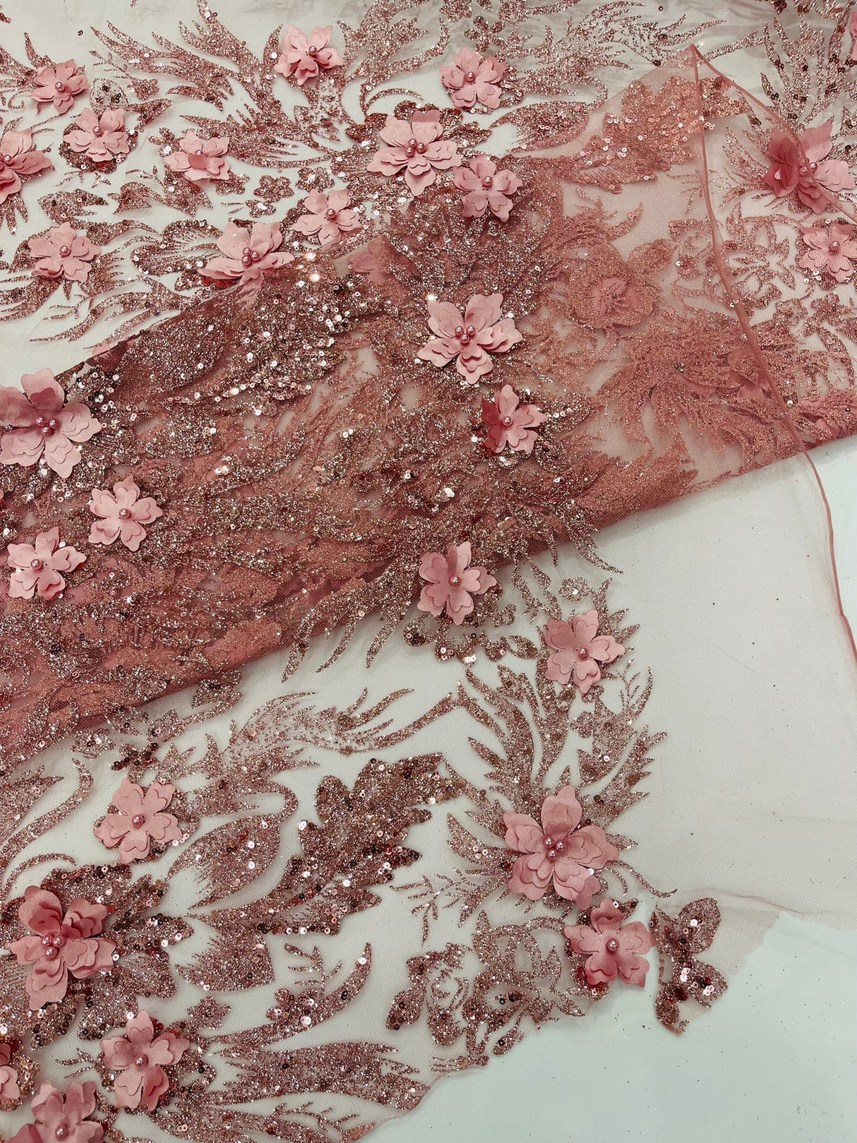 3D Floral Big Glitter Damask Design Mesh Lace Fabric - Black, Blush Pink, Burgundy, Champagne/Gold, Dusty Rose, Fuchsia, Gold, Gold/Black, Hunter Green, Light Blue, Lilac, Navy Blue, Red, Royal Blue, 54" Width (1 Yard)