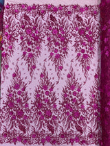 3D Floral Big Glitter Damask Design Mesh Lace Fabric - Black, Blush Pink, Burgundy, Champagne/Gold, Dusty Rose, Fuchsia, Gold, Gold/Black, Hunter Green, Light Blue, Lilac, Navy Blue, Red, Royal Blue, 54" Width (1 Yard)