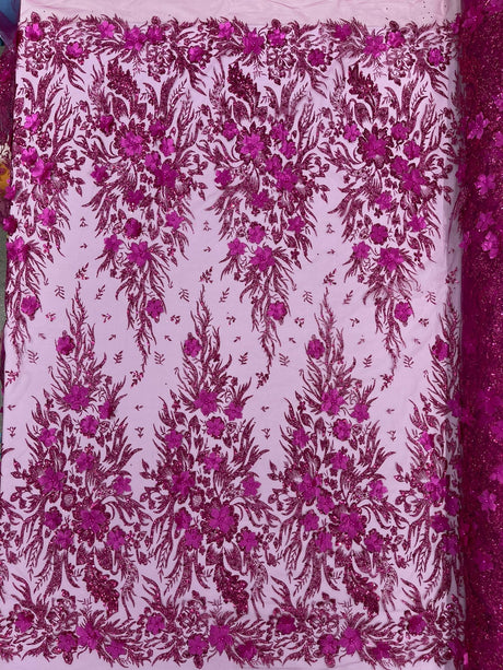 3D Floral Big Glitter Damask Design Mesh Lace Fabric - Black, Blush Pink, Burgundy, Champagne/Gold, Dusty Rose, Fuchsia, Gold, Gold/Black, Hunter Green, Light Blue, Lilac, Navy Blue, Red, Royal Blue, 54" Width (1 Yard)