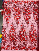3D Floral Big Glitter Damask Design Mesh Lace Fabric - Black, Blush Pink, Burgundy, Champagne/Gold, Dusty Rose, Fuchsia, Gold, Gold/Black, Hunter Green, Light Blue, Lilac, Navy Blue, Red, Royal Blue, 54" Width (1 Yard)