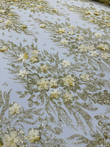 3D Floral Big Glitter Damask Design Mesh Lace Fabric - Black, Blush Pink, Burgundy, Champagne/Gold, Dusty Rose, Fuchsia, Gold, Gold/Black, Hunter Green, Light Blue, Lilac, Navy Blue, Red, Royal Blue, 54" Width (1 Yard)