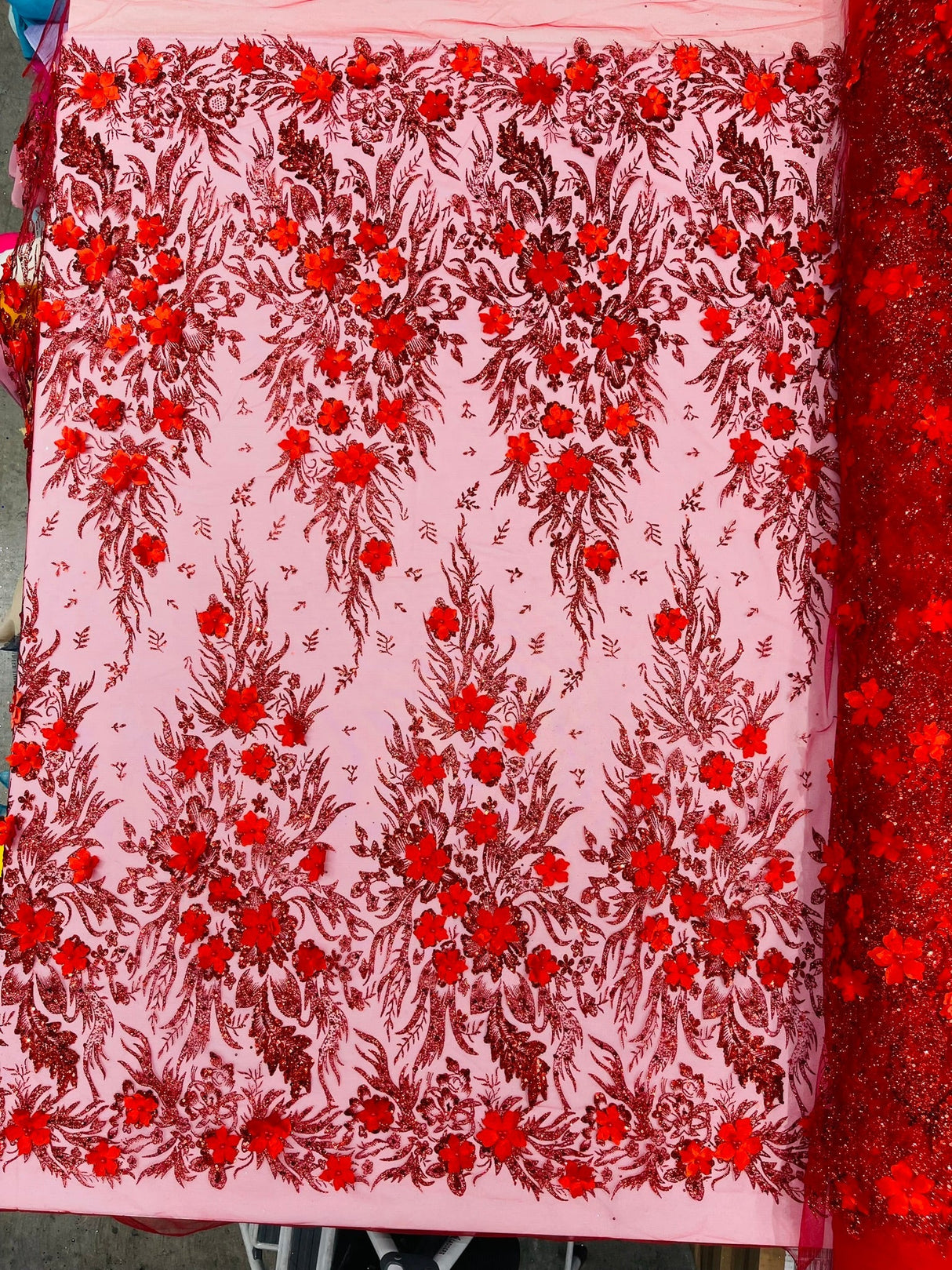 3D Floral Big Glitter Damask Design Mesh Lace Fabric - Black, Blush Pink, Burgundy, Champagne/Gold, Dusty Rose, Fuchsia, Gold, Gold/Black, Hunter Green, Light Blue, Lilac, Navy Blue, Red, Royal Blue, 54" Width (1 Yard)