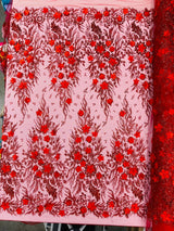 3D Floral Big Glitter Damask Design Mesh Lace Fabric - Black, Blush Pink, Burgundy, Champagne/Gold, Dusty Rose, Fuchsia, Gold, Gold/Black, Hunter Green, Light Blue, Lilac, Navy Blue, Red, Royal Blue, 54" Width (1 Yard)