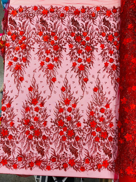 3D Floral Big Glitter Damask Design Mesh Lace Fabric - Black, Blush Pink, Burgundy, Champagne/Gold, Dusty Rose, Fuchsia, Gold, Gold/Black, Hunter Green, Light Blue, Lilac, Navy Blue, Red, Royal Blue, 54" Width (1 Yard)