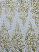 3D Floral Big Glitter Damask Design Mesh Lace Fabric - Black, Blush Pink, Burgundy, Champagne/Gold, Dusty Rose, Fuchsia, Gold, Gold/Black, Hunter Green, Light Blue, Lilac, Navy Blue, Red, Royal Blue, 54" Width (1 Yard)