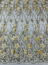 3D Luxury Satin Floral Glitter Fabric - 3D Satin Flowers, Glitter Sequin Embroidery, 54" Width (1 Yard)