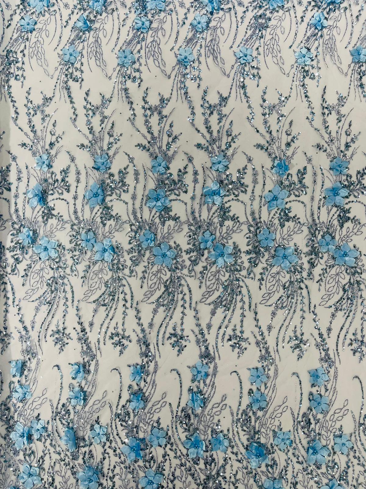 3D Luxury Satin Floral Glitter Fabric - 3D Satin Flowers, Glitter Sequin Embroidery, 54" Width (1 Yard)