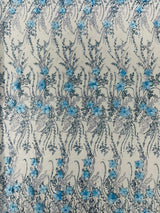 3D Luxury Satin Floral Glitter Fabric - 3D Satin Flowers, Glitter Sequin Embroidery, 54" Width (1 Yard)