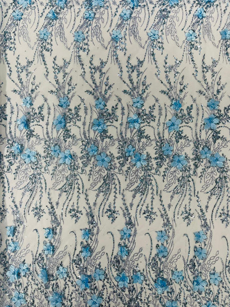 3D Luxury Satin Floral Glitter Fabric - 3D Satin Flowers, Glitter Sequin Embroidery, 54" Width (1 Yard)