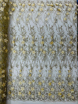3D Luxury Satin Floral Glitter Fabric - 3D Satin Flowers, Glitter Sequin Embroidery, 54" Width (1 Yard)