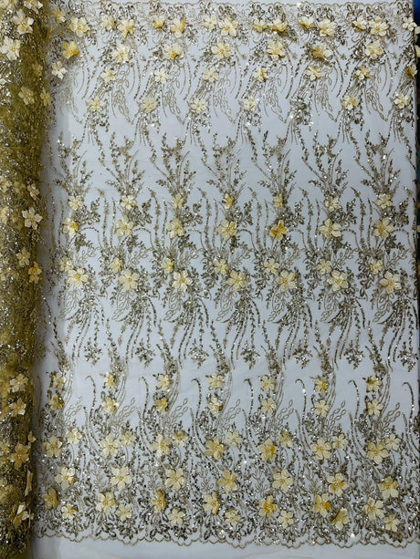 3D Luxury Satin Floral Glitter Fabric - 3D Satin Flowers, Glitter Sequin Embroidery, 54" Width (1 Yard)