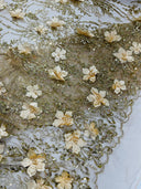 3D Luxury Satin Floral Glitter Fabric - 3D Satin Flowers, Glitter Sequin Embroidery, 54" Width (1 Yard)