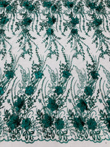 3D Luxury Satin Floral Glitter Fabric - 3D Satin Flowers, Glitter Sequin Embroidery, 54" Width (1 Yard)