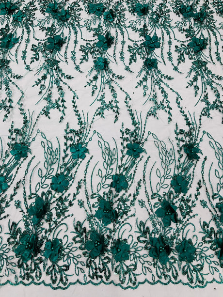 3D Luxury Satin Floral Glitter Fabric - 3D Satin Flowers, Glitter Sequin Embroidery, 54" Width (1 Yard)