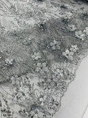 3D Luxury Satin Floral Glitter Fabric - 3D Satin Flowers, Glitter Sequin Embroidery, 54" Width (1 Yard)