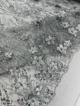3D Luxury Satin Floral Glitter Fabric - 3D Satin Flowers, Glitter Sequin Embroidery, 54" Width (1 Yard)