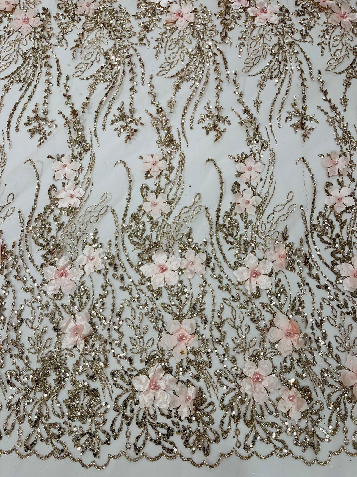 3D Luxury Satin Floral Glitter Fabric - 3D Satin Flowers, Glitter Sequin Embroidery, 54" Width (1 Yard)