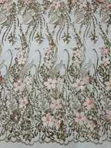 3D Luxury Satin Floral Glitter Fabric - 3D Satin Flowers, Glitter Sequin Embroidery, 54" Width (1 Yard)